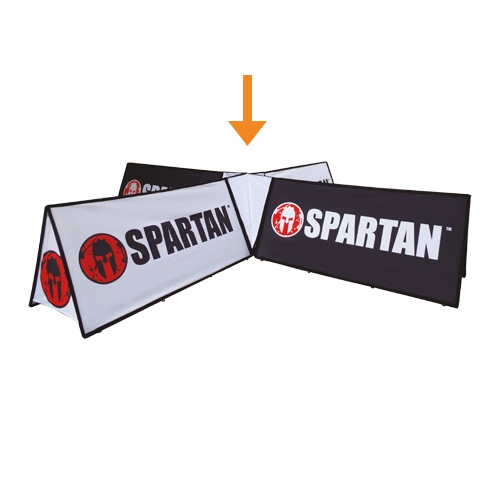 White and black branded rectangular pop-out corner banner units