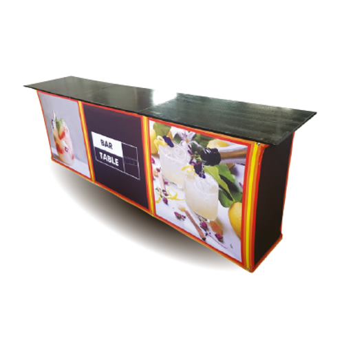 Display counter with steel top for use at events. Food images with a red and yellow outline on sides of the display.