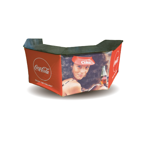 Four Display counters with steel tops joined together for use at events. Advertising Coca Cola, with a women holding a coke bottle and Coca Cola branding.