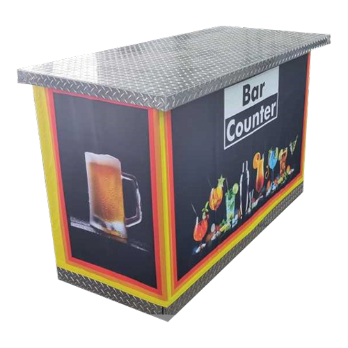 Display counter with steel top for use at events. Food images with a red and yellow outline on sides of the display.