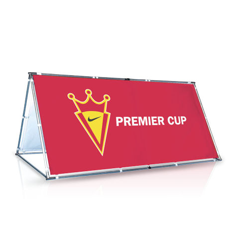 Branded pop-out A Frame Banner in colour red advertising Premier Cup