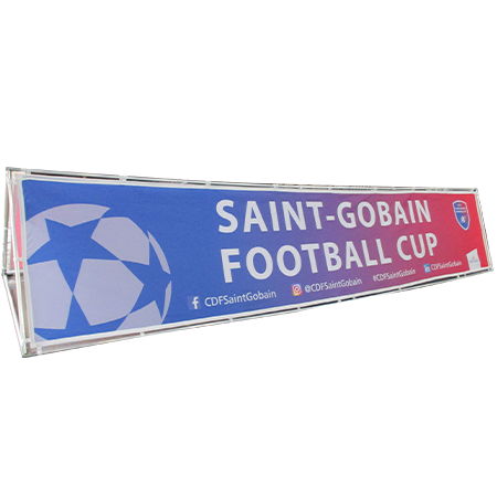 Branded pop-out A Frame Banner in colour blue with a football icon advertising Saint Gobain Football Cup