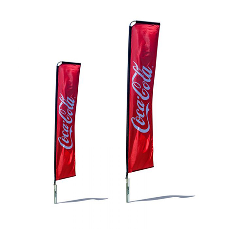 Picture of two red Coca Cola branded pop-up feather flag banners