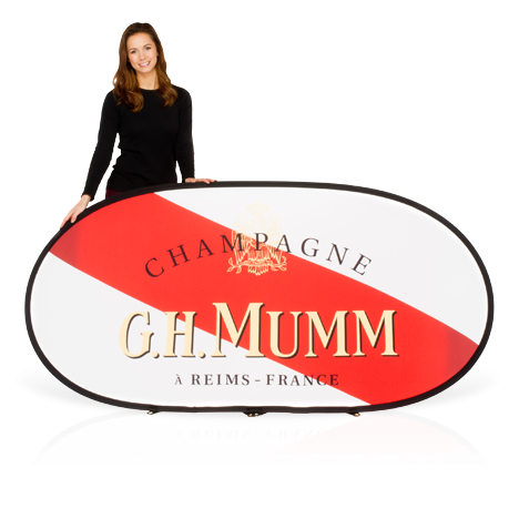 Horizontal Pop-up Banner Female model wearing black, holding a branded horizontal pop-up banner advertising G.H Mumm Champagne