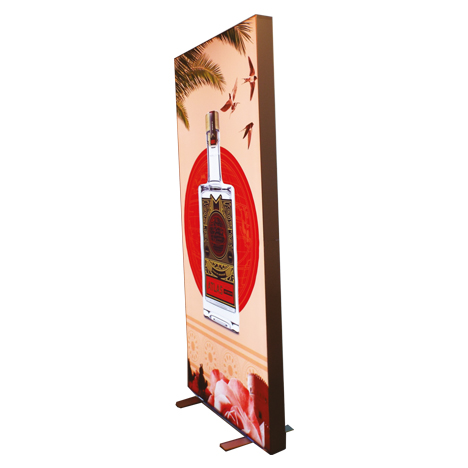 Side-on angle of lightbox pop up banner branded with drink bottle on the front