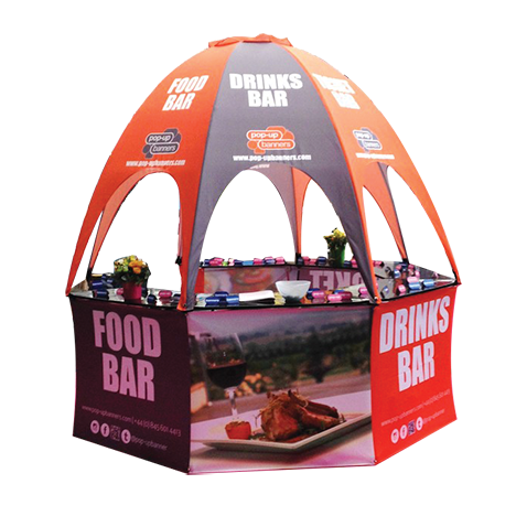 Orange branded pop-up kiosk used as a food and drinks bar