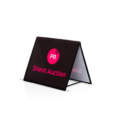 Square rectangular pop-up banner with FR Silent Auction branding