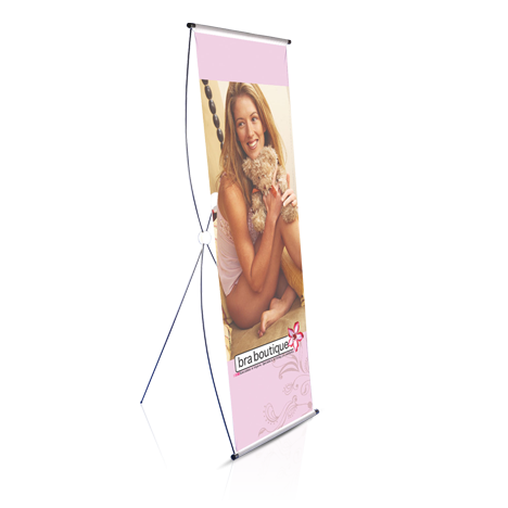 Branded pop-up spider banner with picture of a female model holding a teddy bear against a pink background advertising for Bra Boutique