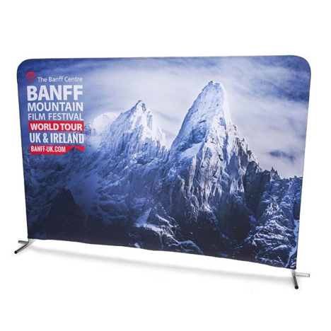 Stretch Banners Branded pop-up stretch banners with a picture of snow mountains on the front