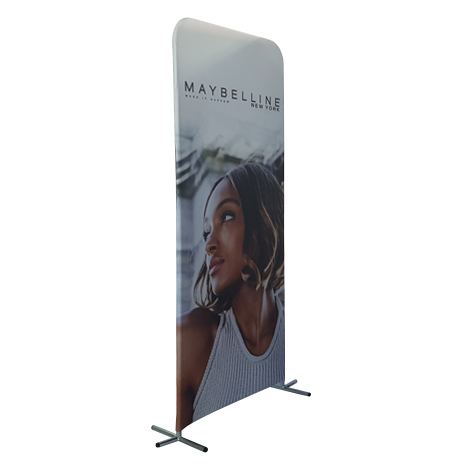 Branded pop-up stretch banners with a picture of snow mountains on the front