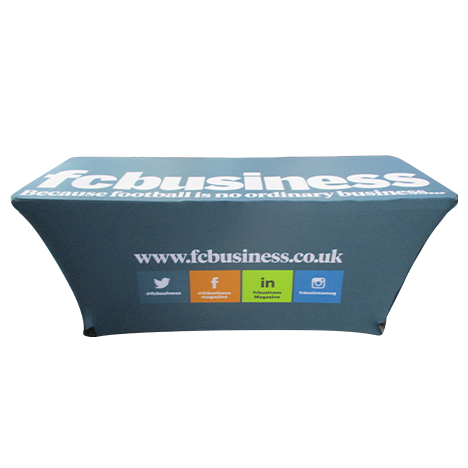 Branded pop-up tablecloths in blue