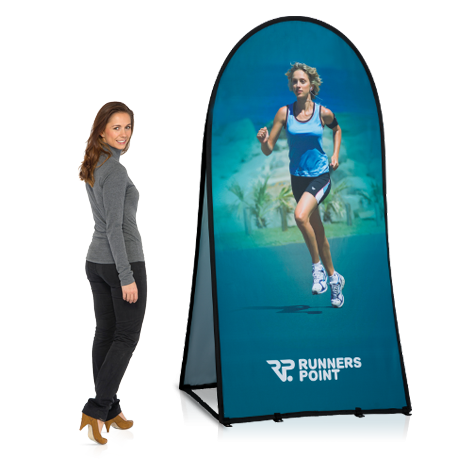 Female model standing next to branded vertical pop-up banner